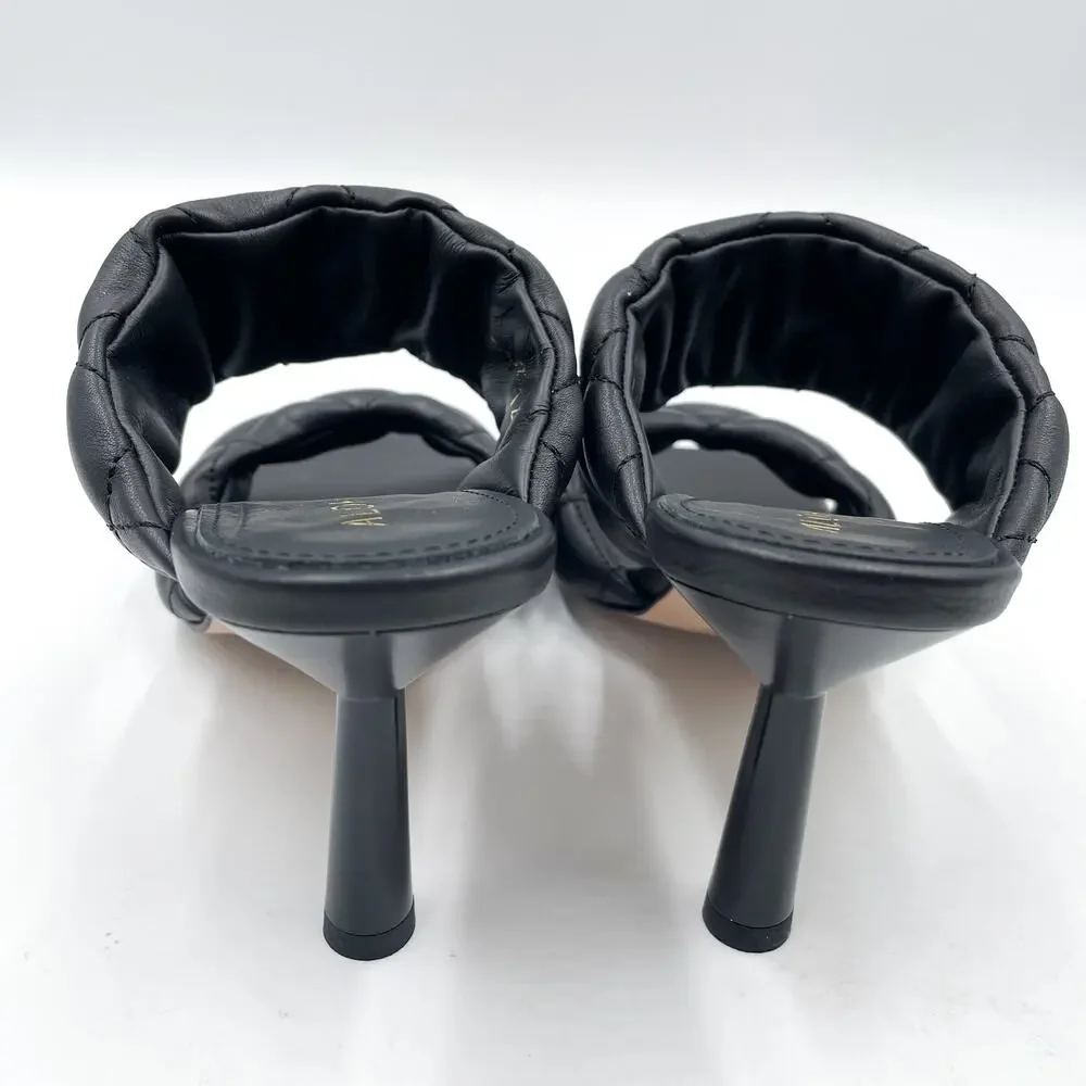 Alohas Conner Sandals Black Leather Quilted Heels‎ Square Toe Sz 8.5